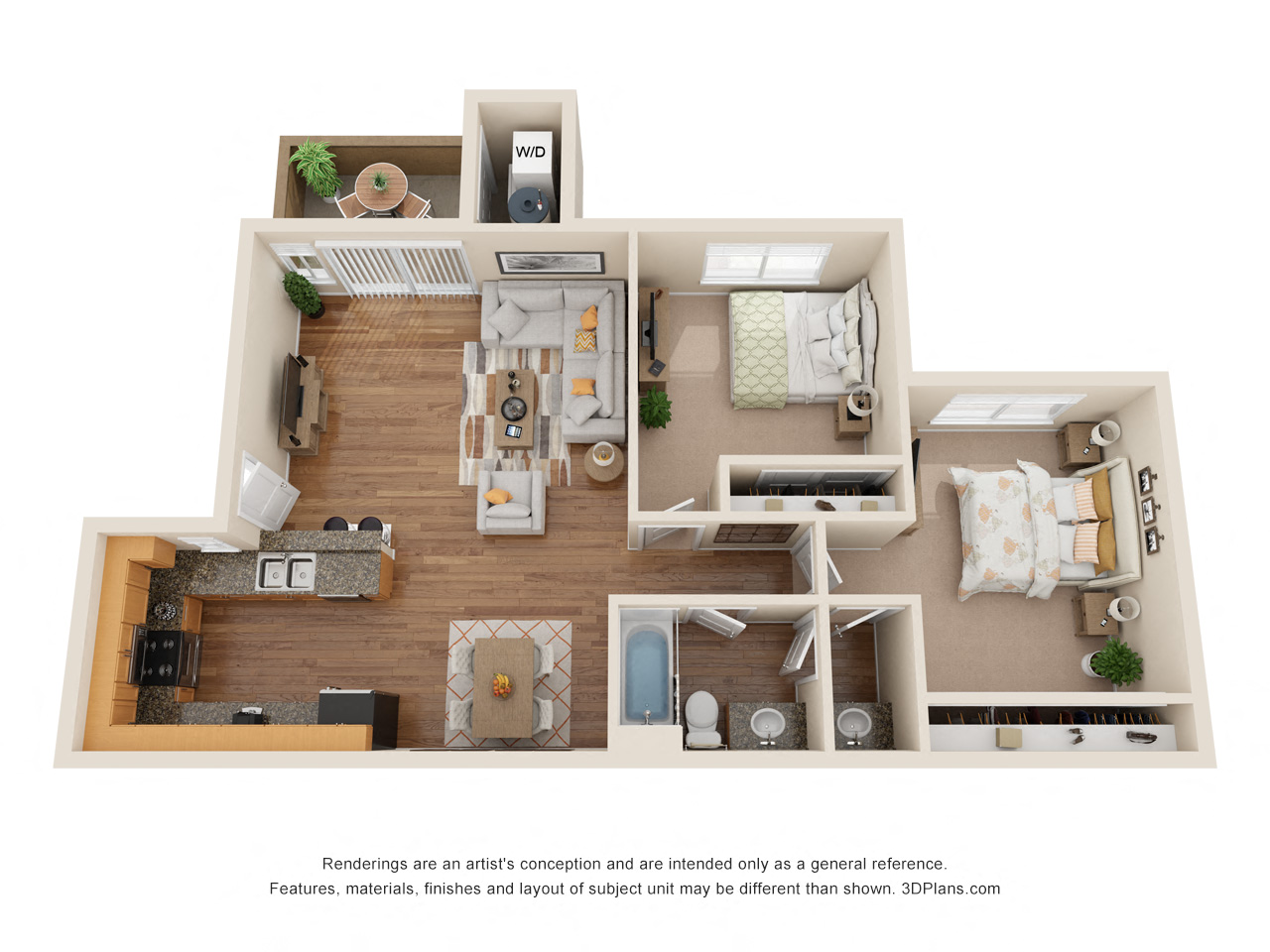 Floor plan for 2 beds, 1 bath, 767 sqft